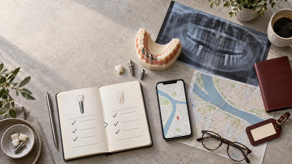 A dental model, panoramic scan and travel-planning materials arranged on a desk.